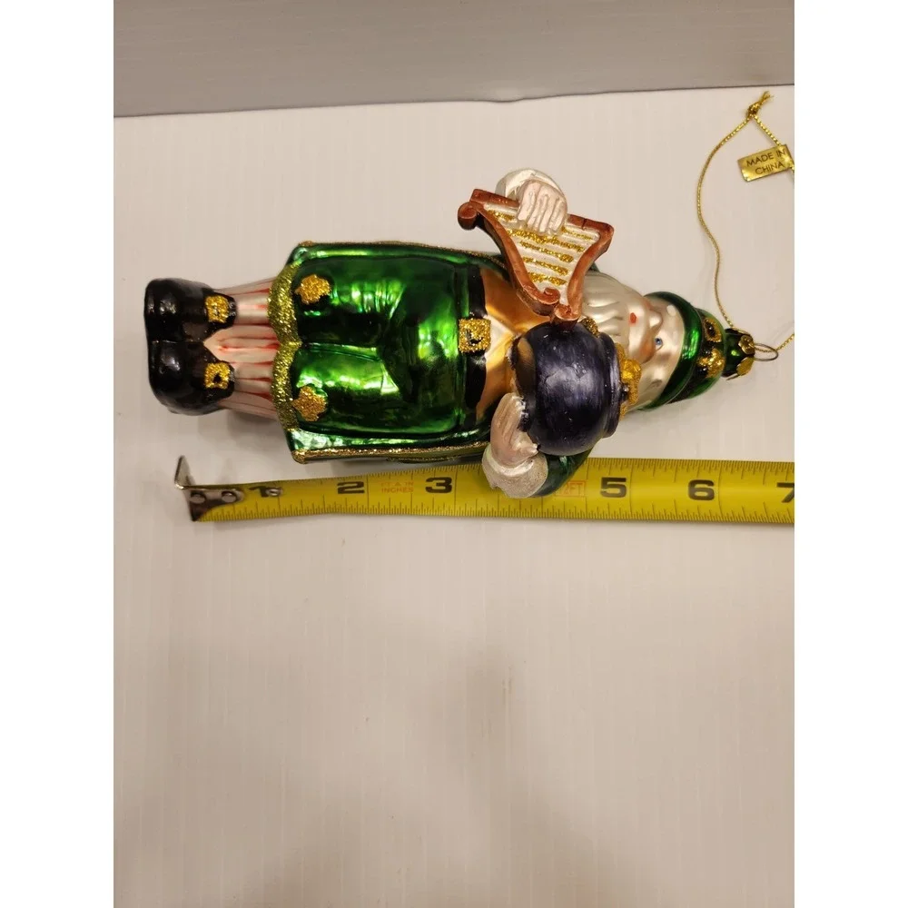 Blown Glass Santa Leprechaun Ornament 6in Glitter Accent, Pot Of Gold Harp,shiny